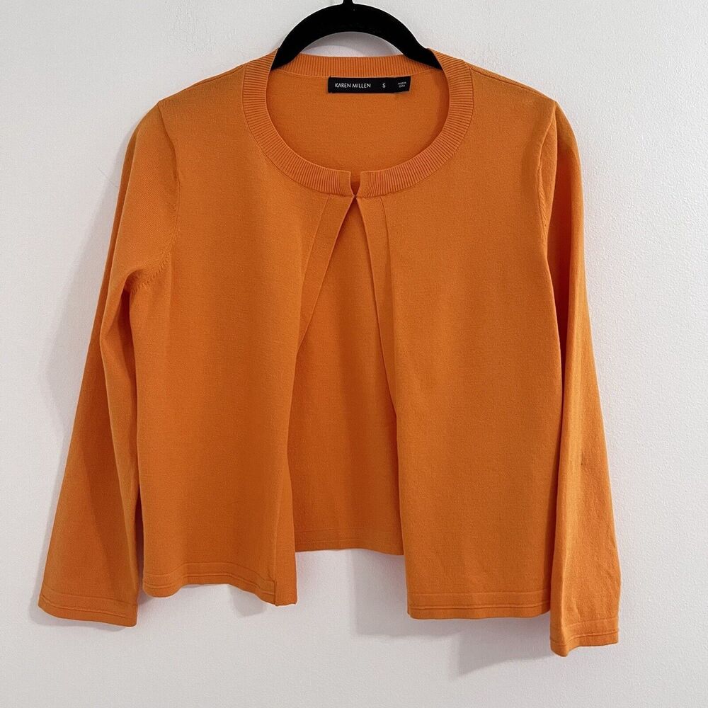 Karen Millen Bright Orange Crop Knit Cardigan Size S Preppy Open Dressy Layer